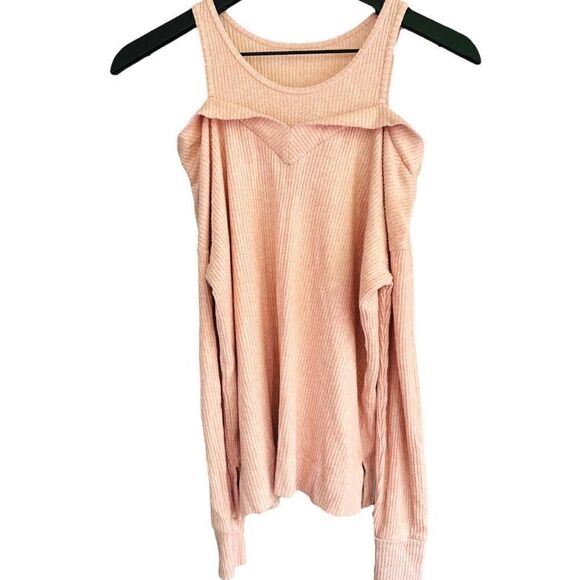ANTHROPOLOGIE SATURDAY SUNDAY Stretch Ribbed Light Pink Cold Shoulder Long Sleev - Picture 1 of 5